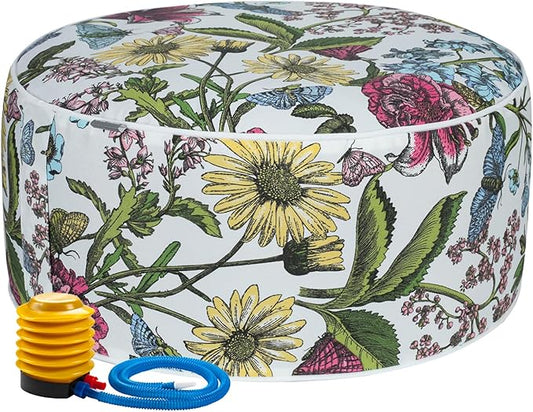 FUNHOME Inflatable Outdoor Ottoman with Air Pump,20"x9" Portable Patio Pouf,Water Resistant,Fade-Resistant,Round Blow Up Footrest Stools for Home Garden Camping Travel(Butterfly Flower)