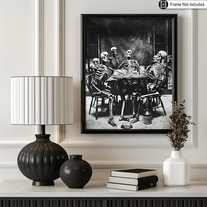 Poster Master Vintage Skeletons Smoking Poster - Retro Dinner Party Print - Skeleton Art - Halloween Art - Gift for Him & Her - Gothic Decor for Dorm, Living Room or Bedroom - 8x10 UNFRAMED Wall Art
