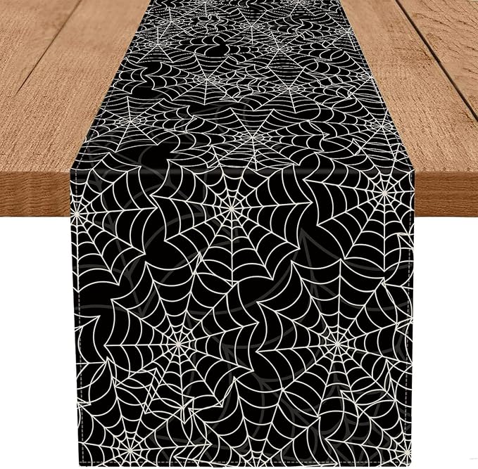 Halloween Table Runner Spider Web Black Linen Table Runners for Seasonal Holidays Indoor Outdoor Kitchen Dining Party Home Decor 13 x 48 Inch