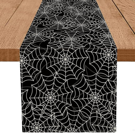 Halloween Table Runner Spider Web Black Linen Table Runners for Seasonal Holidays Indoor Outdoor Kitchen Dining Party Home Decor 13 x 60 Inch