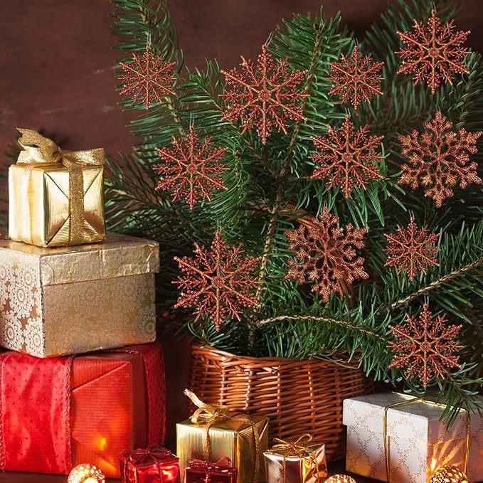36pcs Snowflakes-Christmas Tree Decorations, Snowflake Ornaments for Tree, Plastic Glitter Red Gold Snow Flakes Ornaments, Christmas Indoor Winter Wonderland Frozen Birthday Party Holiday Home Decor