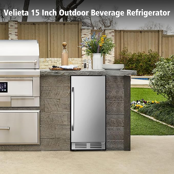 15 Inch Outdoor Beverage Refrigerator Cooler,Stainless Steel 127 Cans Beverage Fridge with French Door Under Counter Built-in or Freestanding, Perfect for Beer, Cola