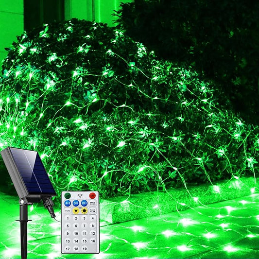 Solar Net Lights Outdoor Mesh Lights Green, Christmas Lights 19 Modes Solar Powered/USB Transparent Wire, 200 LED Fairy Lights for Fence, Garden, Yard, Bushes, Trunk, St. Patrick's Day Decor
