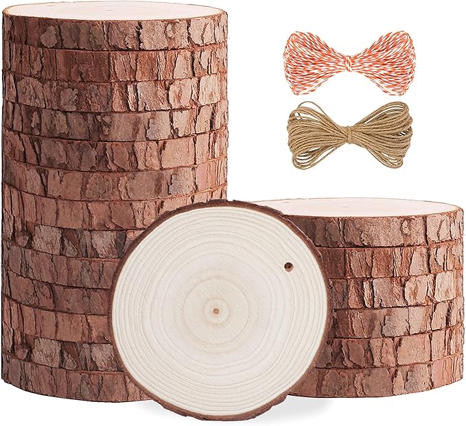 5ARTH Natural Wood Slices - 20 Pcs 3.5-4.0 inches Craft Unfinished Wood kit Predrilled with Hole Wooden Circles for Arts Wood Slices Christmas Ornaments DIY Crafts