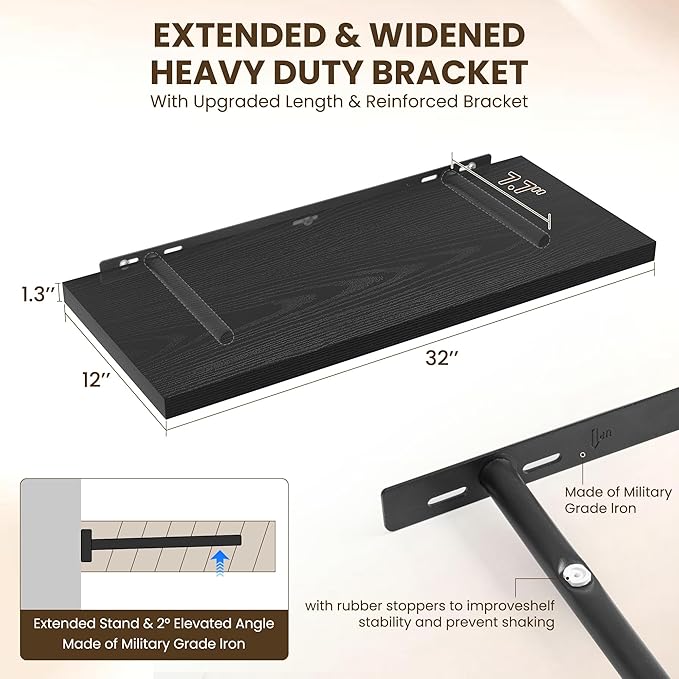 32" Floating Shelves for Wall, 12" Deep Slim Black Floating Shelves, Wall-Mounted Shelves for Bedroom, Living Room, Kitchen, Bathroom - Set of 2