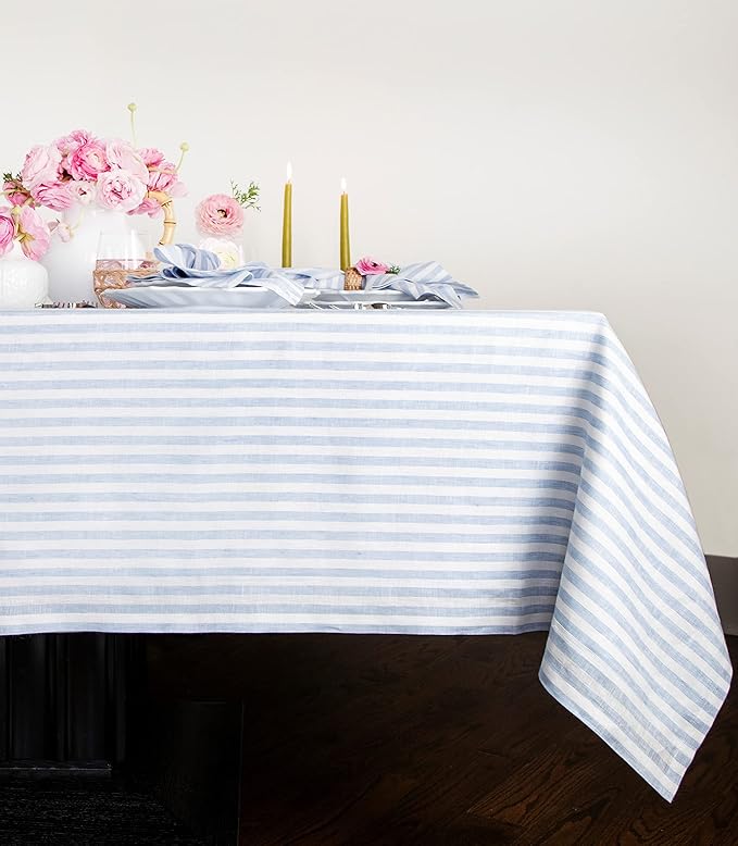 Solino Home Linen Tablecloth 60 x 108 Inch - Amalfi Stripe 100% Pure Linen Sky Blue and White Table Cloth for Rectangle Tables - Machine Washable Tablecloth