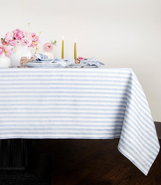 Solino Home Linen Tablecloth 60 x 120 Inch - Amalfi Stripe 100% Pure Linen Sky Blue and White Table Cloth for Rectangle Tables - Machine Washable Tablecloth