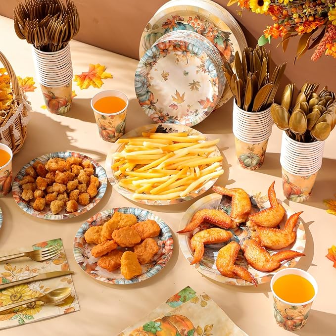 350 Pcs Thanksgiving Fall Party Supplies Maple Leaf Dinnerware Set Disposable Plates Napkins Paper Cups Plastic Cutlery for Autumn Thanksgiving Harvest Party Decor Serves 50(Pumpkin)
