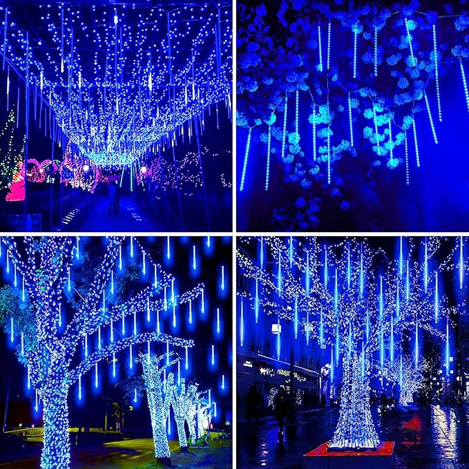 Outdoor Christmas Lights Meteor Shower Lights UL Certified 8 Tubes 192 LED Snow Falling Rain Drop Light Dripping Icicle String Light for Christmas Tree Decorations Xmas Wedding Party, Blue