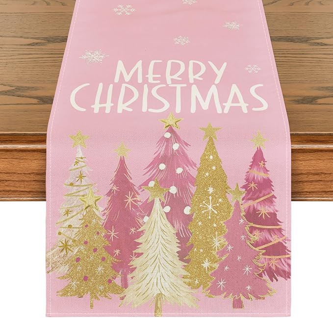 Artoid Mode Xmas Trees Snowflakes Pink Merry Christmas Table Runner, Winter Seasonal Kitchen Dining Table Decoration for Home Party Decor 13x72 Inch