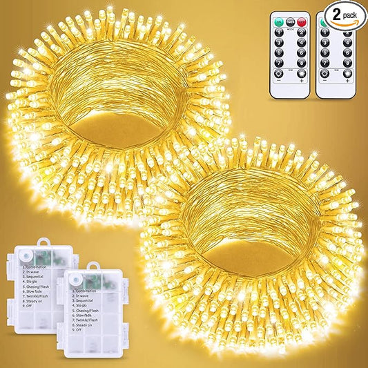 JMEXSUSS 2 Pack Battery Operated String Lights with Remote, Total 66ft 200 LED Battery Christmas Lights Outdoor Indoor, Twinkle Light for Christmas Tree Bedroom Porch Garland Yard Decor (Warm White)