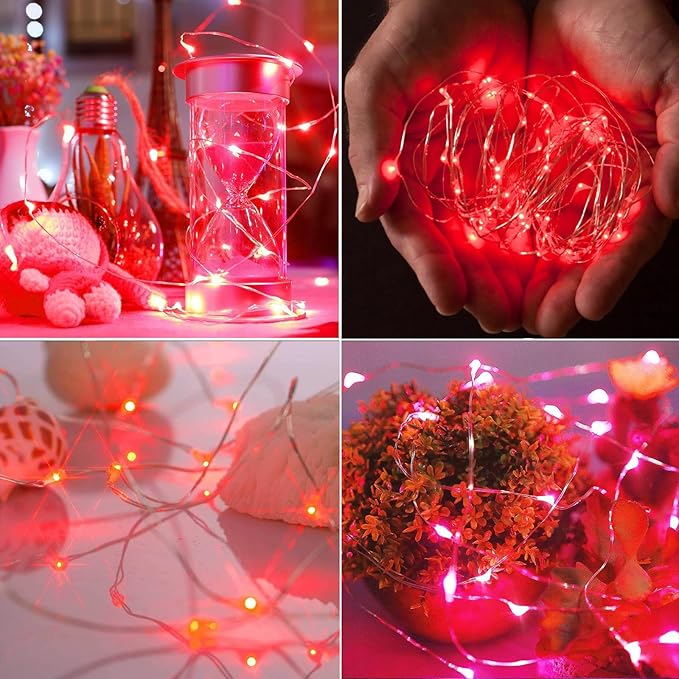4-Pack Fairy Lights Battery Operated with Timer, 16FT 50 LED Waterproof Starry String Lights Outdoor Indoor Mini Cuttable Lights for Bedroom Home Wedding Christmas Halloween Parties Centerpiece (Red)