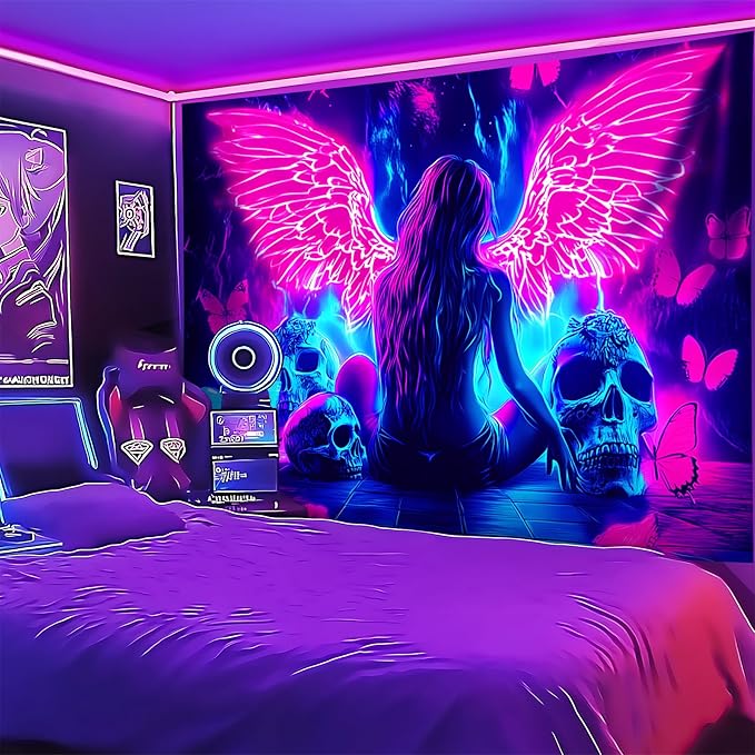 Blacklight Tapestry,WingTapestry Glow In The Dark,UV Reactive Black Light Upright Posters Wall Hanging for Bedroom Dorm Living Room Backdrop Decor (wing12, 90L" x 70W")