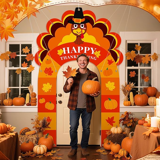 Thanksgiving Turkey Party Porch Banner Fall Pumpkin Maple Leaf Turkey Door Banner for Thanksgiving Decorations Porch Sign Photo Backdrop Outdoor Front Door Cover Indoor Wall Hanging Supplies
