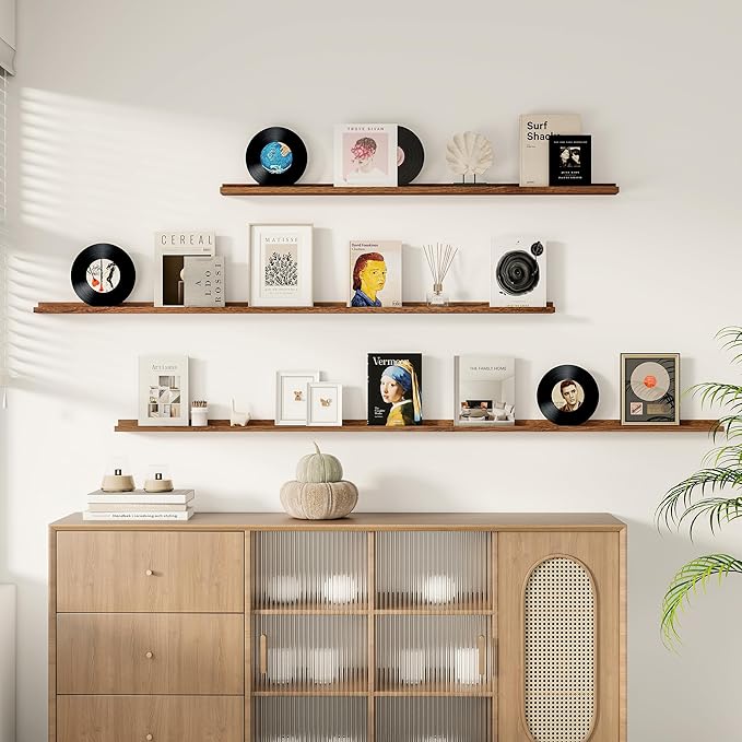 Floating Picture Ledge Shelves for Wall Set of 2, 95 Inches Picture Ledge Shelf with Long Large Nursery Book Shelf for Toys Storage Kids Bookshelf Wall Mounted Living Room Bedroom Decor Frames, Walnut