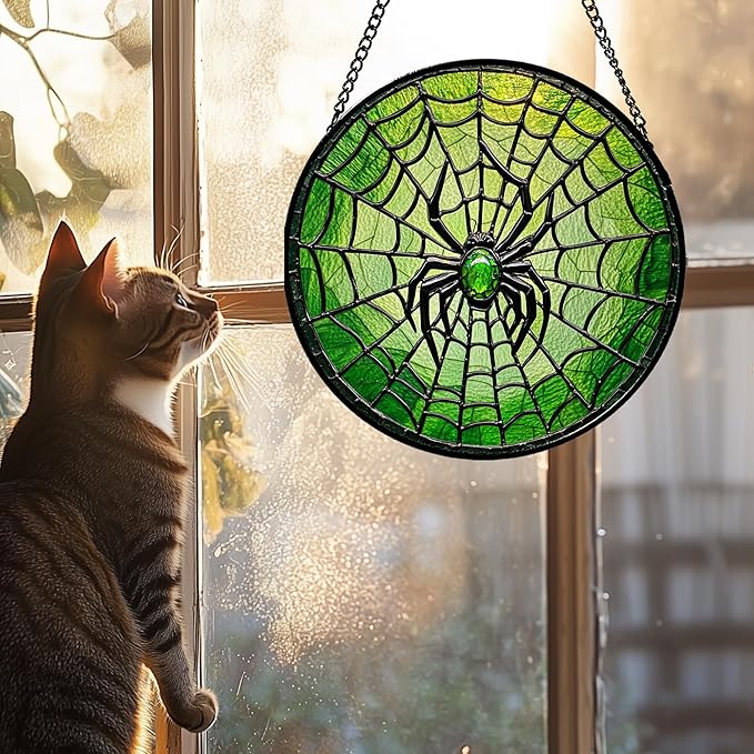 Stained Glass Window Hanging - Black Green Horror Spider Web Suncatcher for Doors Garden Patio Sun Catchers Decor Christmas Halloween Birthday Gifts for Women Men Mom Nana Friend 11.8 in
