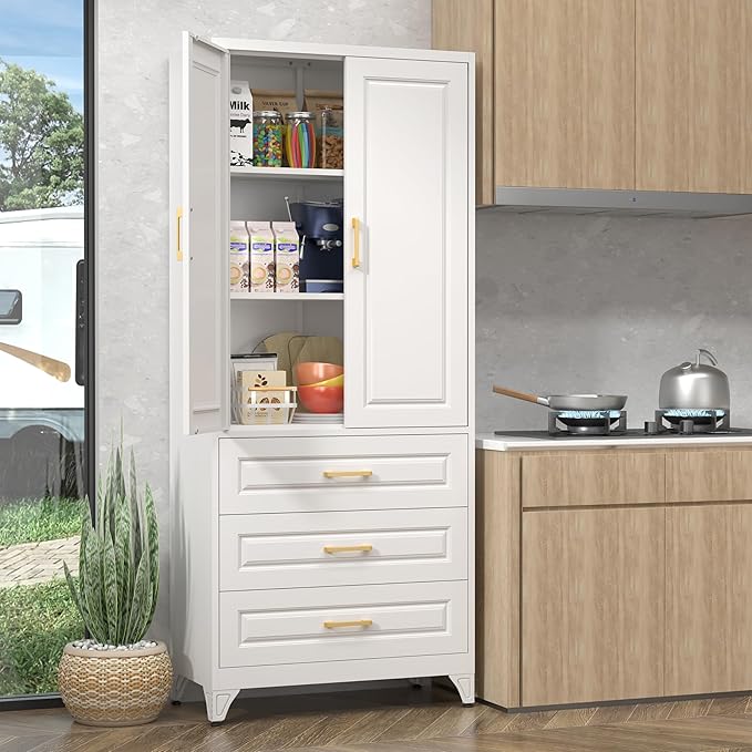 Pantry Kitchen Cabinet with Drawer, 75" Tall Pantry Storage Cabinet, Metal Storage Cabinets with Doors and Shelves, Large Freestanding Cupboard for Dining Room, Assembly Required, White