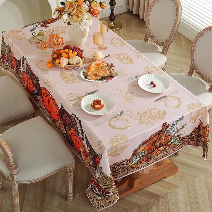 SASTYBALE Thanksgiving Tablecloths for Rectangle Tables 60 x 84 Inch Farmhouse Turkey Pumpkins Tablecloth, Wrinkle Free Vintage Fabric Table Covers for Fall Harvest & Autumn Decor, Brown