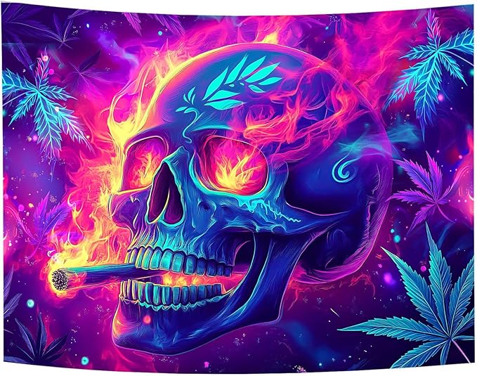Blacklight Skeleton Tapestry, Glowing Skull UV Reactive Gothic Wall Hanging Tapestries, Glow in the Dark Grim Reaper Magic Horror Face Halloween Poster Tapestry for Bedroom Living Room Decor 80X60IN