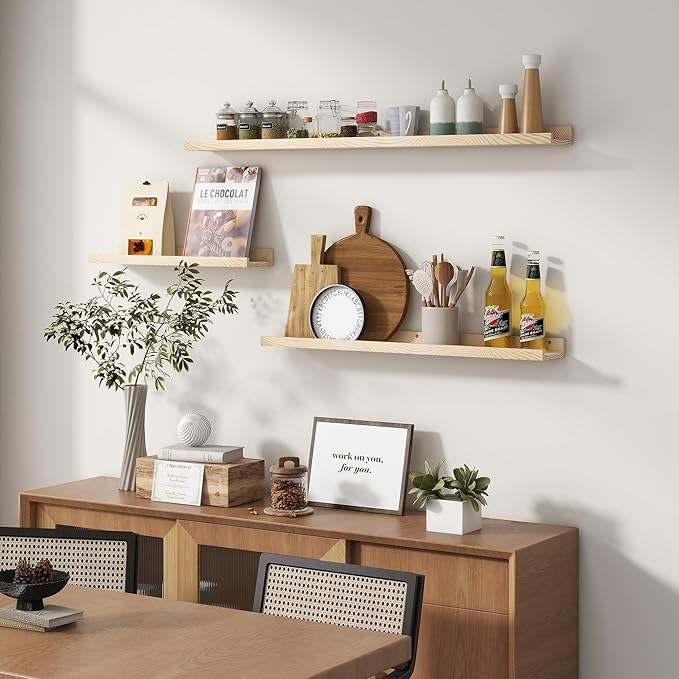 Picture Ledge Shelf for Wall, 36 inches Solid Pine Wood Nursery Book Shelves 3 Packs, Floating Ledge Shelves for Kids' Room Bedroom Bathroom Living Room Photo Frames Office Nursey Wall Decor, Natural