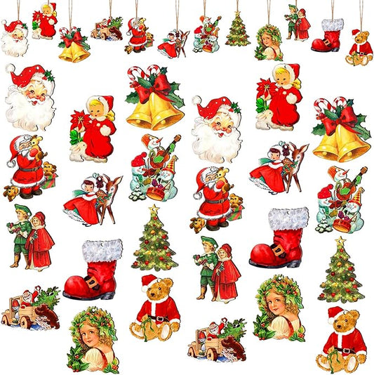 48 Pcs Victorian Style Wood Christmas Tree Ornaments - Hanging Vintage Decorations With Santa Claus and Snowman - Retro Wooden Ornament (Vivid Style)