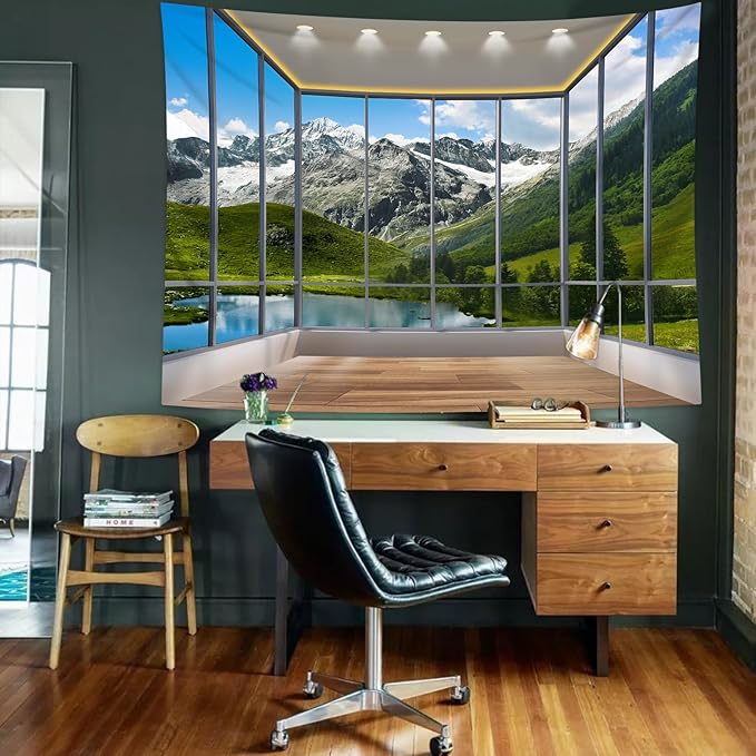 dueeia Window Tapestry Wall Hanging Mountain Forest Lake Nature Landscape Wall Tapestries for Bedroom Office Living Room Wall Decor (90.6"x70.9")
