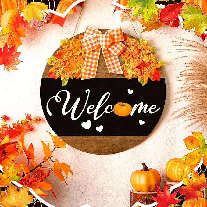 Hello Fall Door Sign Thanksgiving Wooden Welcome Sign Fall Welcome Wreaths with Bow Maple Pumpkin Door Hanger Farmhouse Wall Decoration for Home Autumn Harvest Front Porch Decor