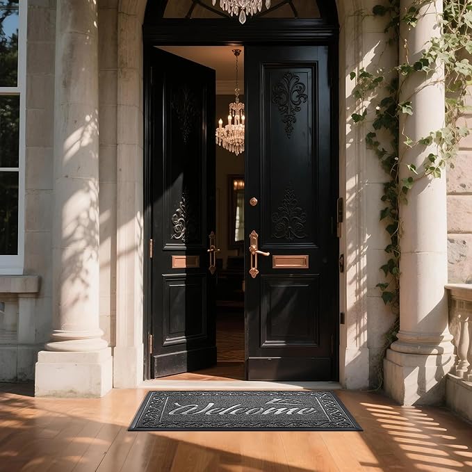 Yimobra Welcome Mat, Heavy Duty Sturdy Door Mats for Home Entrance Outdoor Indoor, Front Doormat for Outside Patio Floor Entry Porch Garage Office, Waterproof, Low Profile, 47 x 24, Black Grey