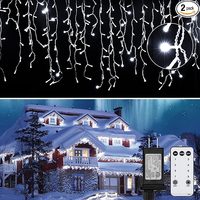 Brightown Icicle Lights Outdoor: 2 Packs, 132Ft with 276 Drops, 1472 LED Icicle Lights with Timer for House Eaves and Wedding, Pure White