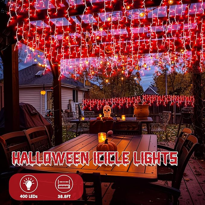 JMEXSUSS 400 LED Red Icicle Lights for Halloween Decor, Connectable Red Halloween Lights Indoor Outdoor with Remote, Christmas Light for Room Fireplace Christmas Decorations