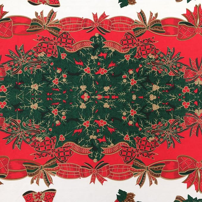 LUSHVIDA Christmas Tablecloth Rectangle - 60x84 inch Holly Ribbon Pattern Washable Wrinkle Resistant Holiday Tablecloths for Christmas Family Gathering, Dining Room Table 130GSM