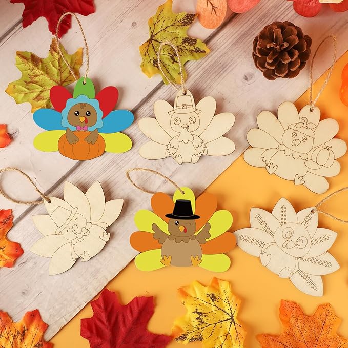 24 PCS Unfinished Wooden Thanksgiving Crafts, Turkey Shaped Hanging Ornaments DIY Wood Craft Cutouts for Thanksgiving Party Decor (Turkey)