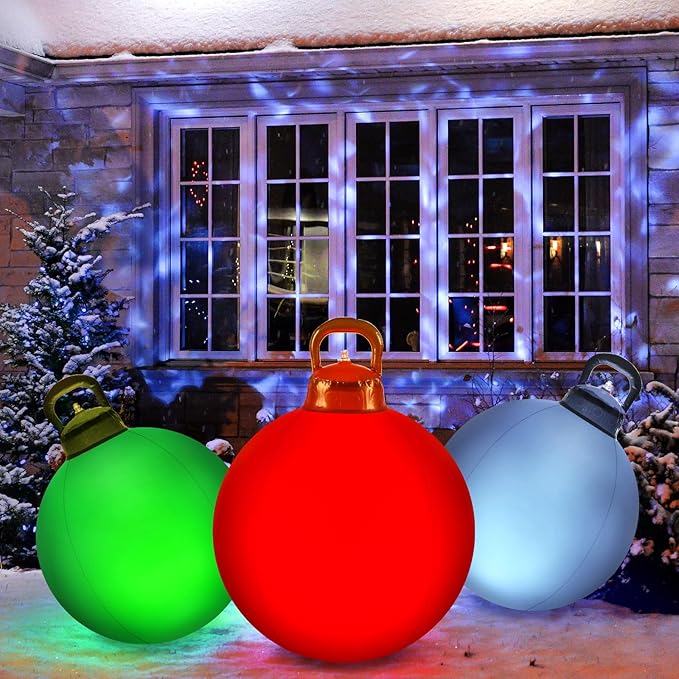 Jetec 3 Pcs Outdoor Light Up Christmas Ball Decorations Large Christmas Inflatable PVC Decorated Balls with Light 24 Inch,18 Inch Xmas Ornaments for Yard Lawn Porch(Red, Silver, Green)