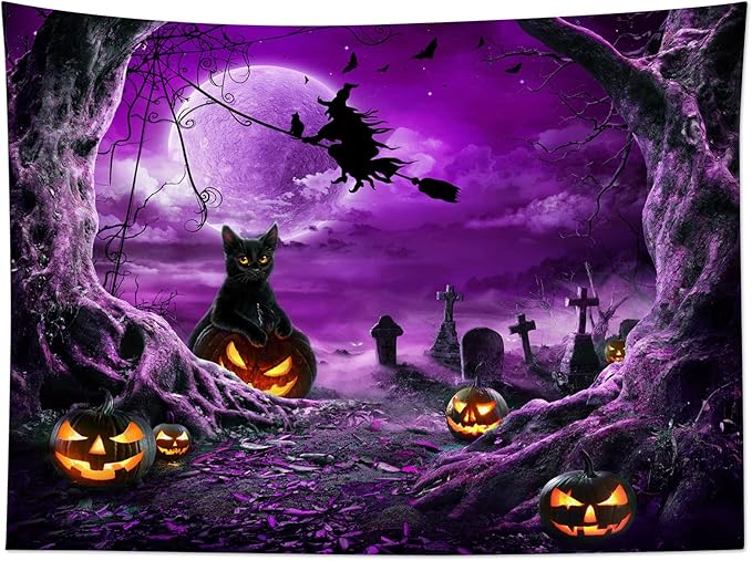 LB Halloween Tapestry Horror Witch Cat and Dead Tree Pumpkin Lights with Spooky Graveyard Tapestry Wall Hanging Purple Full Moon over Misty Forest Wall Decor for Bedroom Living Room Dorm 60x40 Inches