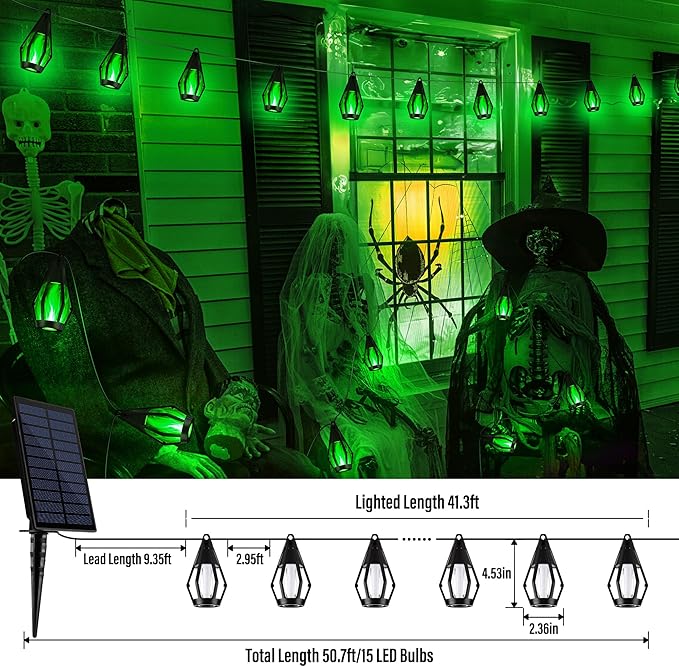 iBaycon Solar Halloween Lights, 42Ft 15 LED Bulbs Flickering Flame String Light, Outdoor Waterproof Solar Flame Lights for Garden Yard Patio Halloween Decorations (Green)