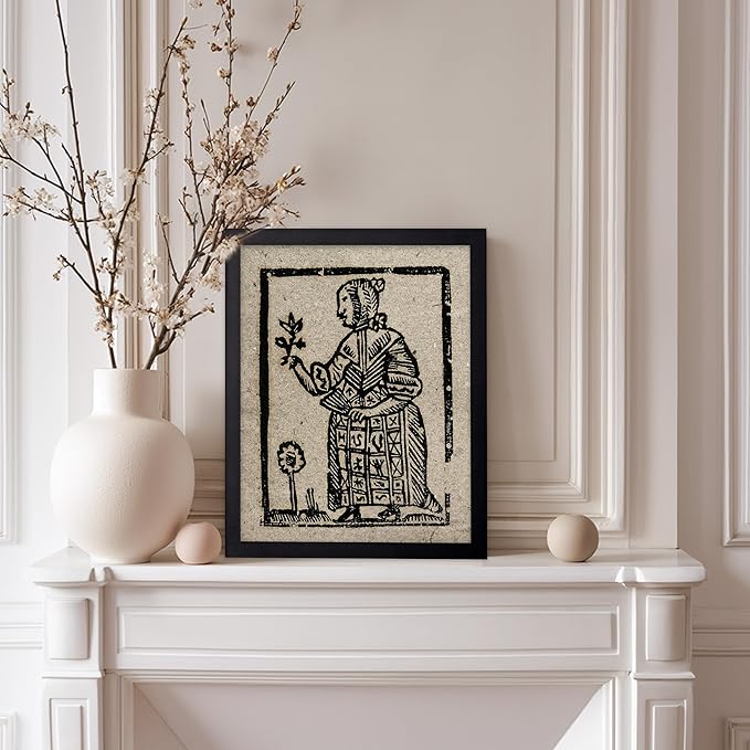 Poster Master Vintage Woodcut Poster - Retro Medieval Print - Gift for Gothic, Horror Fan - Witch Holding a Plant, Magic, Spell, Herbalist - Wall Decor for Bedroom, Dorm, 8x10 Black Framed