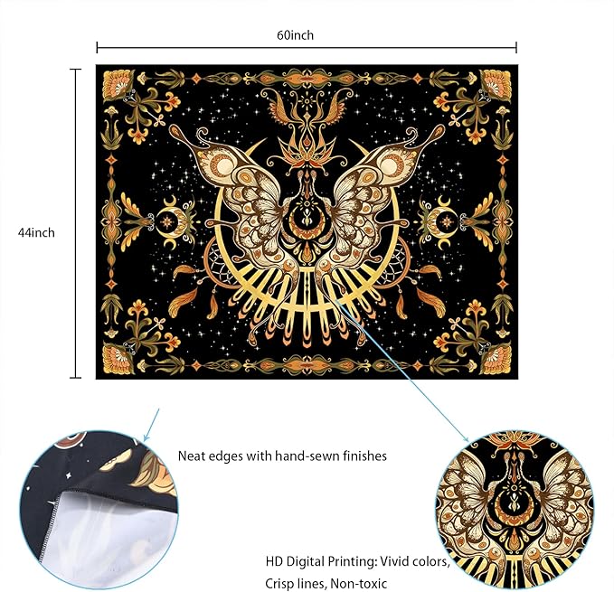 CHDGDHC Butterfly Tapestry - Moth Wall Hanging, UV Resistant, Waterproof, Machine Washable, Lightweight, Psychedelic Bedroom Aesthetic Decor for Bedroom, Living Room, Yoga Room - 60x44 Inch
