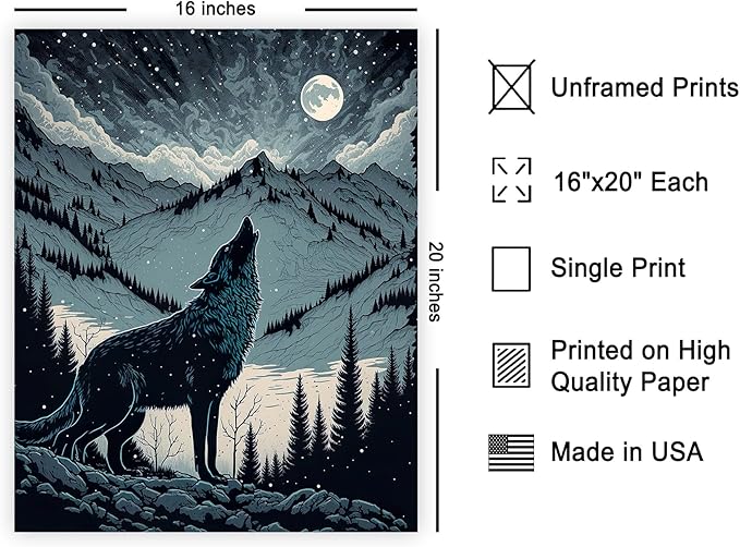 Poster Master Howling Wolf Poster - Moon Print - Mountain Art - Wolf & Moon Art - Gift for Men, Women & Animal Lover - Landscape Decor for Bedroom, Living Room or Kid's Room - 16x20 UNFRAMED Wall Art