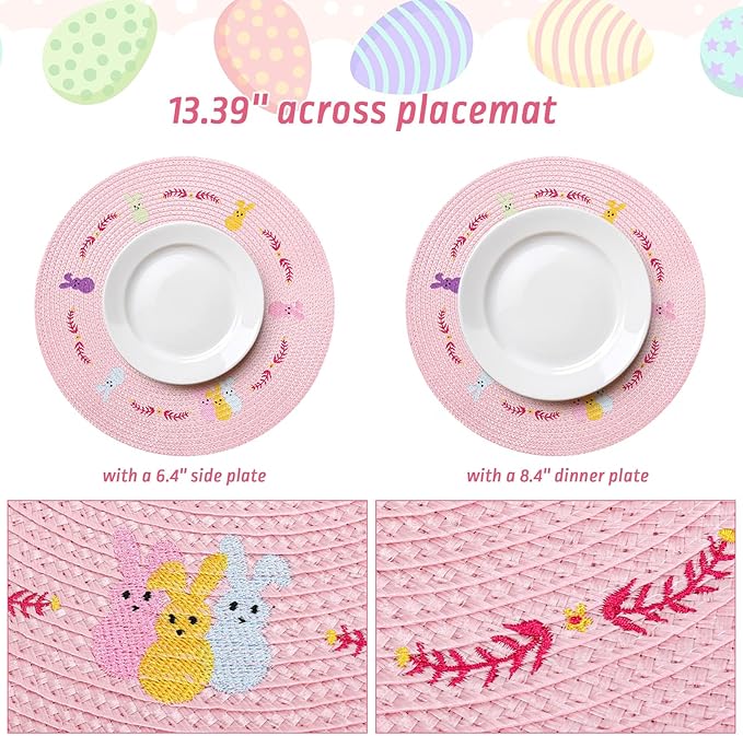 Whaline 4Pcs Round Bunny Easter Placemats Pink Rabbit Embroidered Place Mats Spring Cute Rabbit Dinner Table Mat Easter Dining Kitchen Table Mats for Home Wedding Baby Shower Birthday Party Decor
