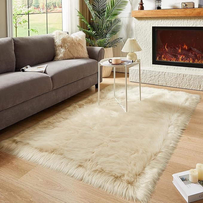 AMTOVO Faux Fur Sheepskin Rug for Living Room, 4 x 6 ft Beige Fluffy Area Rug for Bedroom, Playroom, Luxury Room Decor, Rectangle