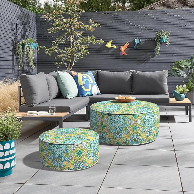 Inflatable Ottoman Stool D31 xH14 for Outdoor/Indoor Use, Water Repellent Patio Foot Rest Stool with Portable Handle,Round Pouf Ottoman Suitable for Garden,Deck and Camping - Damask Green