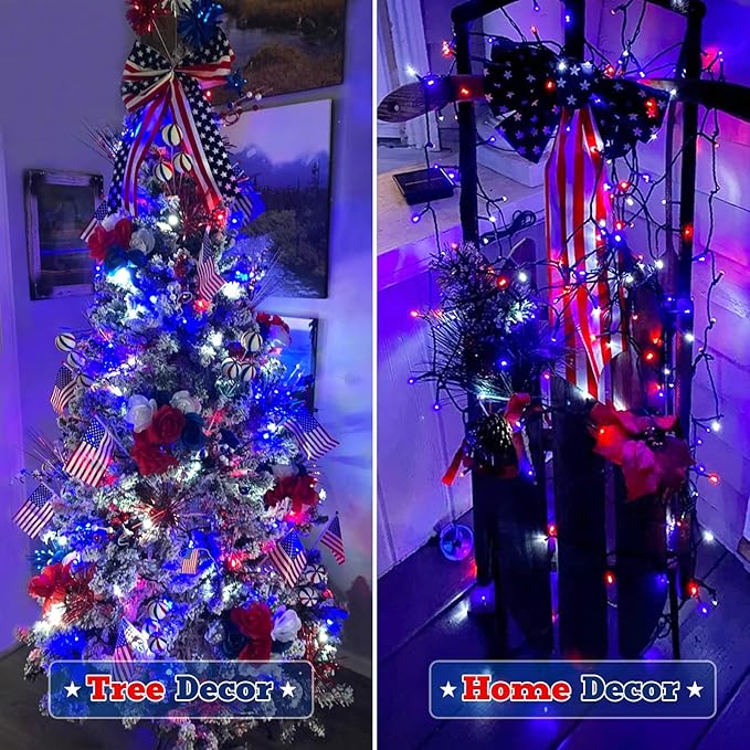 JMEXSUSS 200 LED 66ft Red White and Blue Lights Outdoor, Expandable Waterproof 4th of July Lights, 8 Modes Patriotic String Lights Plug in for 4th of July Tree Independence Day Indoor Decorations