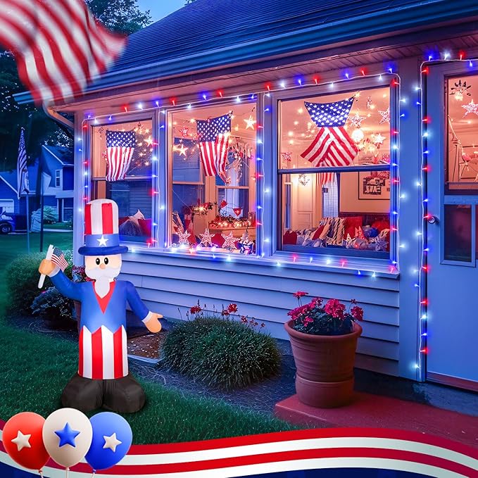 JMEXSUSS 2 Pack Red White and Blue Lights Outdoor, 33ft 100 LED 4th of July Lights Battery Operated, 8 Modes Patriotic Decorations for Indoor Outside Independence Day American Flag Holiday