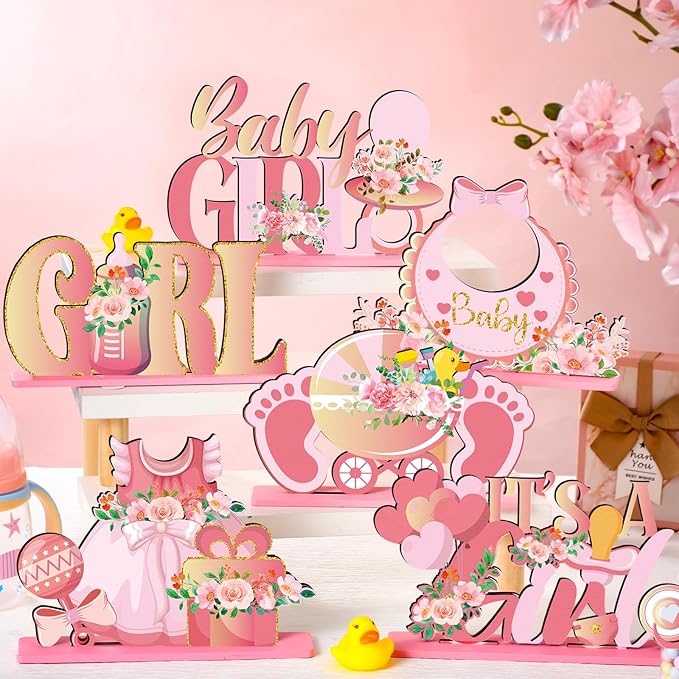 6pcs Pink Baby Shower Decorations Wooden Centerpieces for Girls Floral It's a Girl Gender Reveal Table Centerpiece Party Supplies Baby Girl Pregnancy Announcement Table Topper