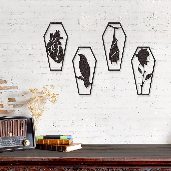 YATEASLU Gothic Coffin Wall Decor Set of 4 Metal Heart, Crow, Bat, Rose Sculptures for Gothic Home Decor, Bathroom, Kitchen, Office - Spooky Halloween Wall Decor with Screws