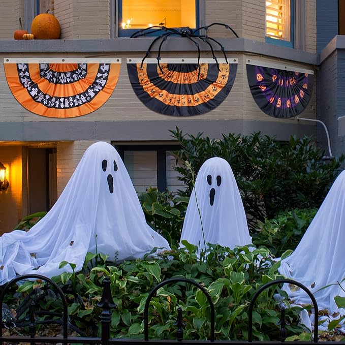 4 Pcs Halloween Bunting Flags for Outside 3 x 1.5 ft Pleated Half Fan Flag Hanging Banner Outdoor with 3 Grommet for Halloween Porch Garden Yard Holiday Indoor Home Decorations, Black Orange