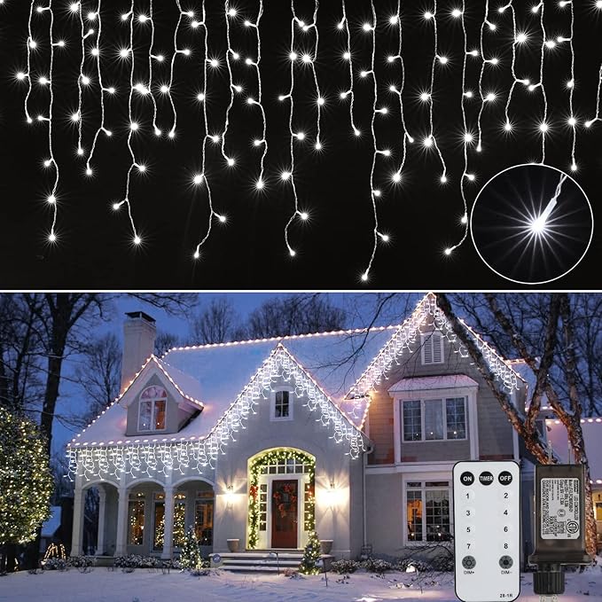 Brightown Christmas Icicle Lights Outdoor, 66 Feet 138 Drops with 736 LED, 8 Modes Waterproof Connectable Twinkle Fairy String Light for Christmas Thanksgiving Hanging Icicles (Pure White)
