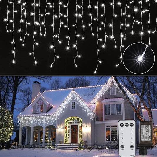 Brightown Christmas Icicle Lights Outdoor, 66 Feet 138 Drops with 736 LED, 8 Modes Waterproof Connectable Twinkle Fairy String Light for Christmas Thanksgiving Hanging Icicles (Pure White)