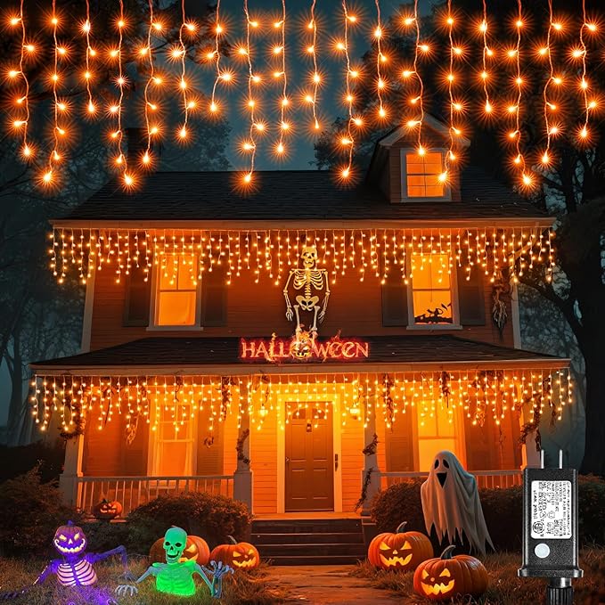 Orange Halloween Lights Outdoor, 33FT 400 LED Icicle Lights for Outside with 8 Modes Waterproof, Plug in Connectable Twinkle String Light for Indoor House Yard Patio Party Holiday Decorations