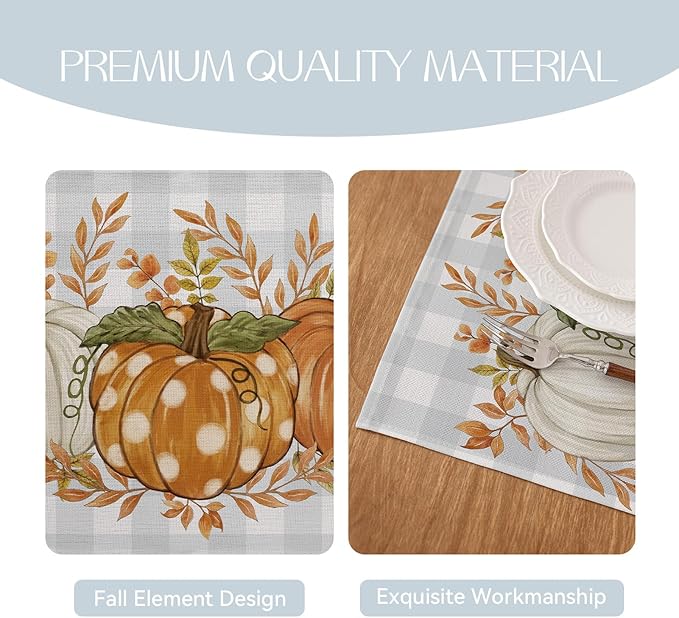 Romanstile Fall Placemats Set of 8-12 X 18 Inch - Thanksgiving Autumn Harvest Pumpkin Buffalo Plaid Place Mats, Stain Resistant Wipeable Table Mats for Party/Dining/Holiday- Grey Blue Checkered